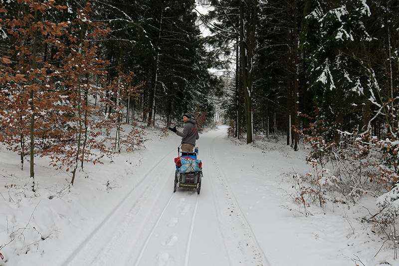 Unterwegs in deutschen Wäldern beim Wandern im Winter